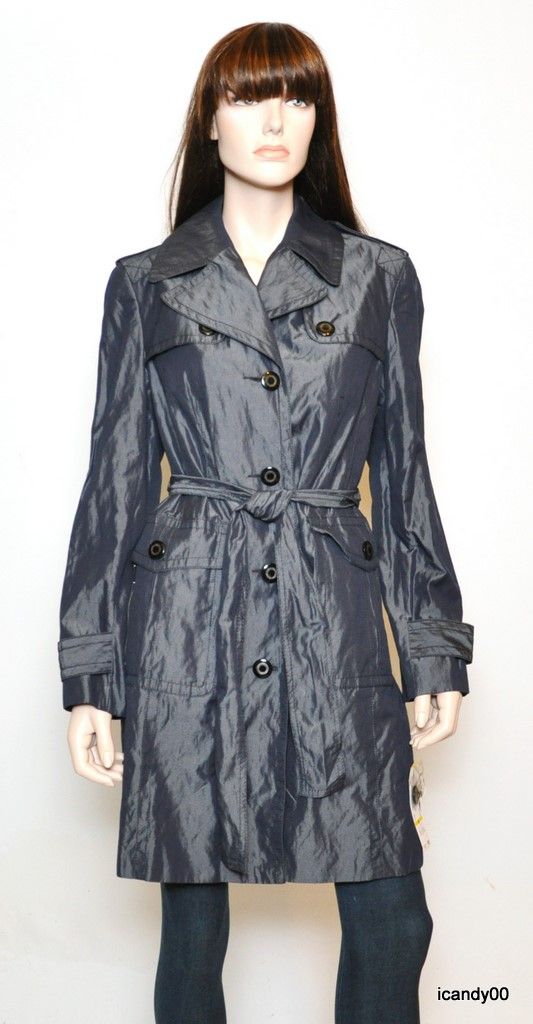 ANNE KLEIN NY Iridescent Trench Rain Coat Jacket Top ~Pearl/Indigo *M