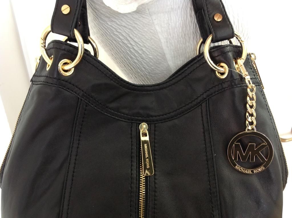 Michael Kors Black Gold Moxley Shoulder Tote Leather Handbag Purse Bag
