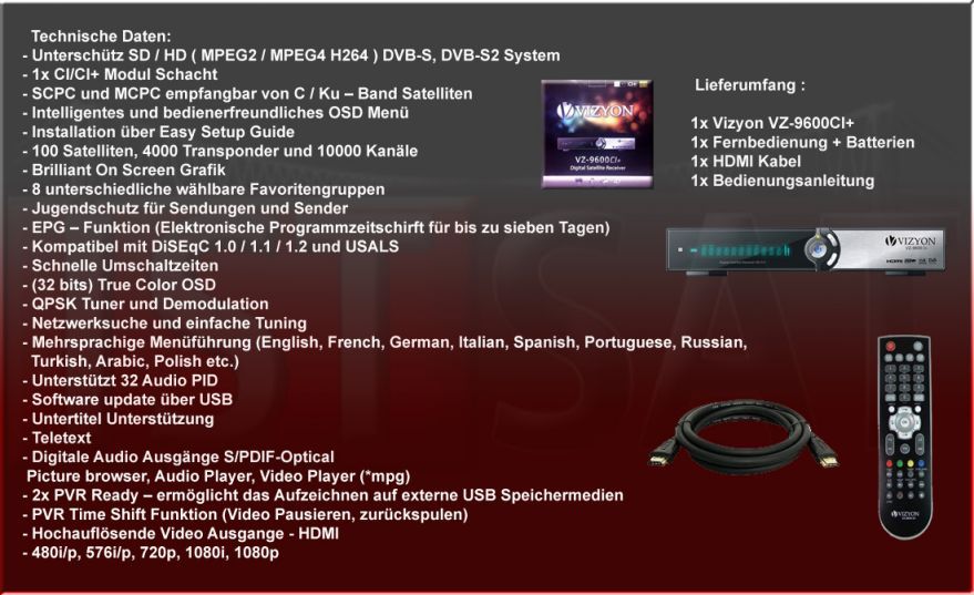 Vizyon VZ 9600 CI+ HD Sat Receiver PVR USB HDTV 3D Digitürk D Smart