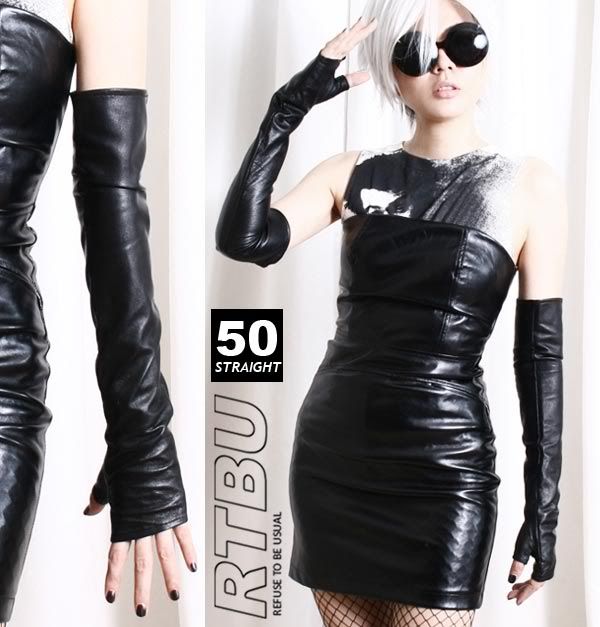 80cm (31.5) Fingerless Genuine Lambskin Leather Fashion Runway Punk