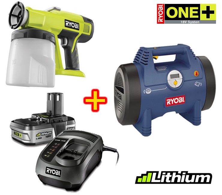 RYOBI ONE+ FARBSPRÜHPISTOLE P621 + KOMPRESSOR CP180M INKL. LI ION