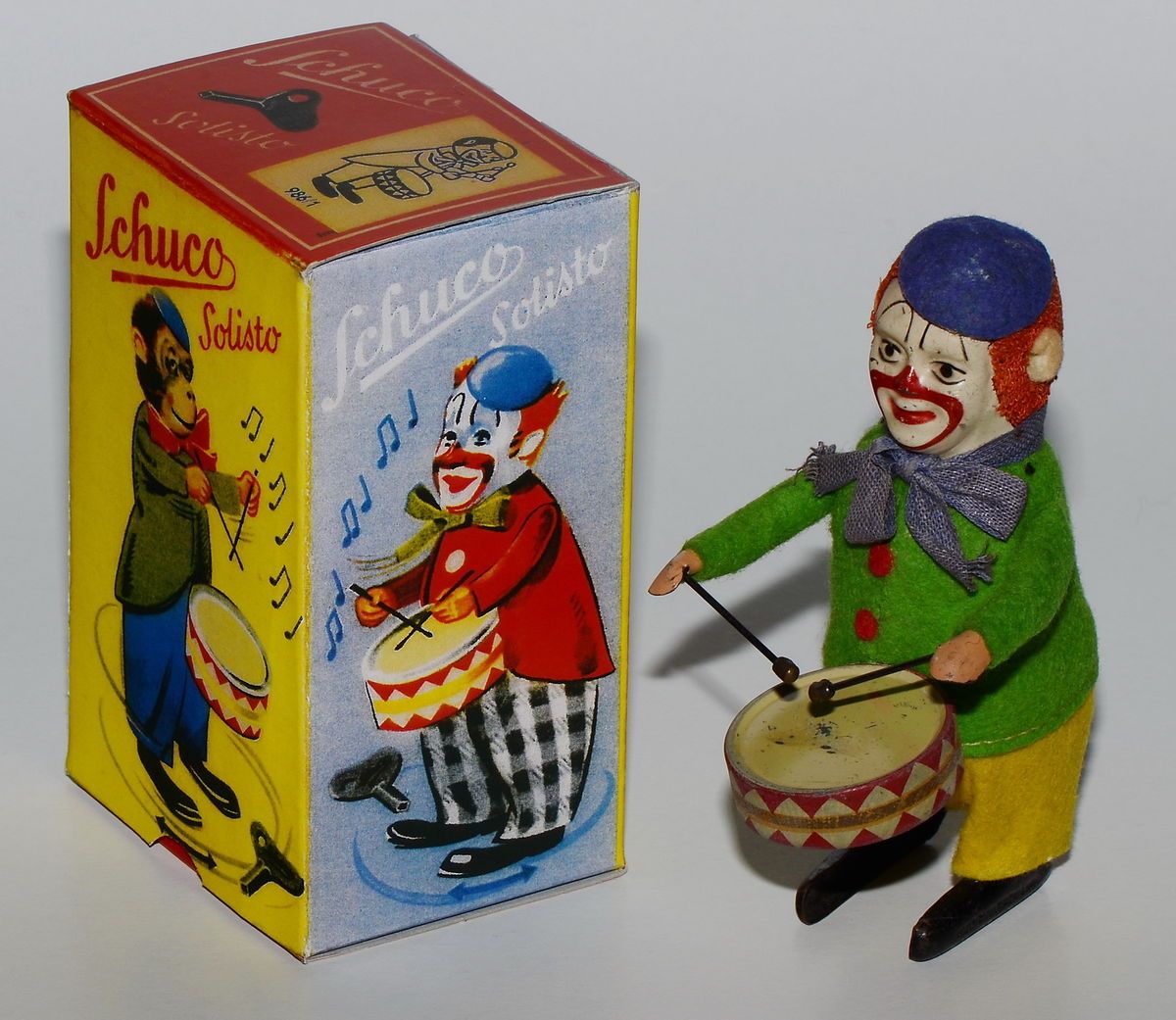 Schuco Tanzfigur Solisto 986/1   Clown mit Trommel in Reprobox