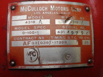 McCulloch 4318 A Aircraft Engine WWII Military Drone